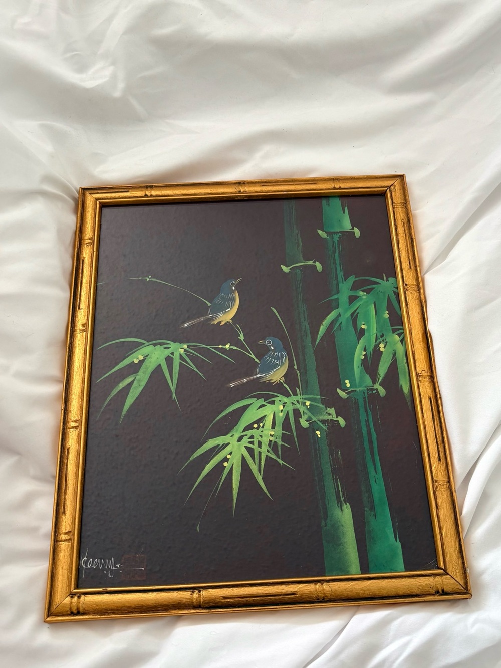 Vintage Asian painted birds bamboo artwork fabric original framed wall hanging